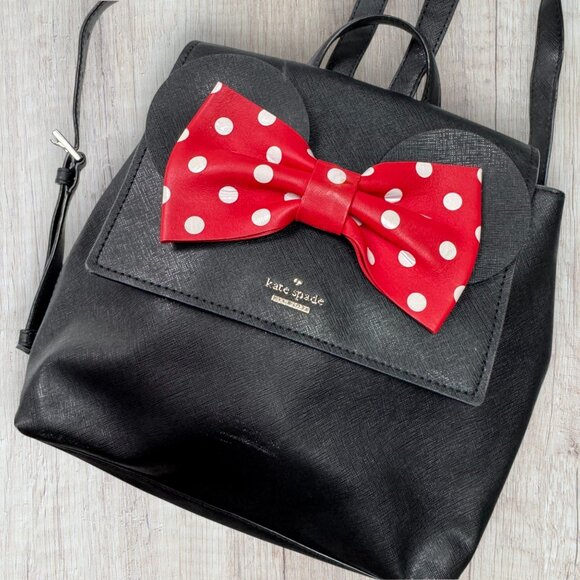 Kate Spade x Disney Minnie Mouse Black Leather Backpack with Red Polka Dot Bow - Picture 5 of 12